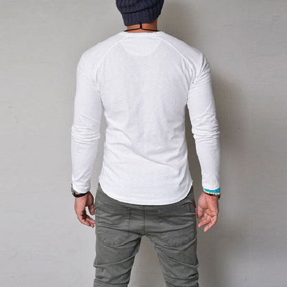 Solid Long-Sleeve Henley T-Shirt with Curved Hem