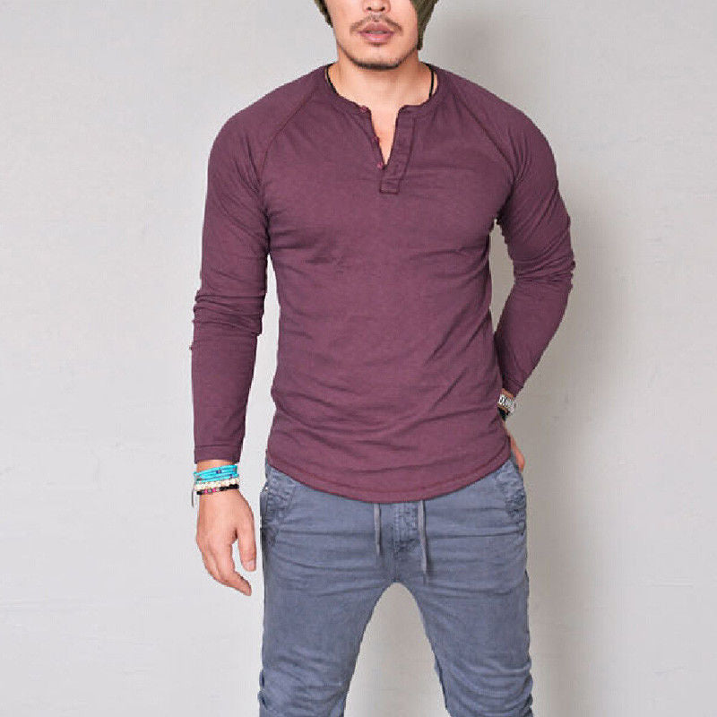Solid Long-Sleeve Henley T-Shirt with Curved Hem