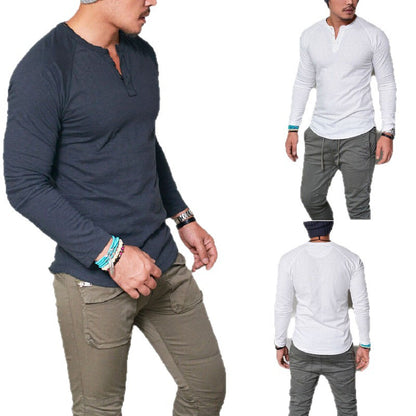 Solid Long-Sleeve Henley T-Shirt with Curved Hem