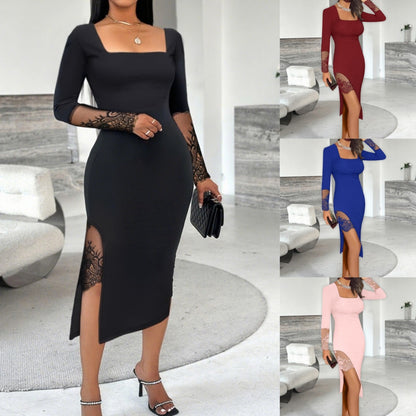 Bodycon Midi Dress with Square Neck, Lace Sleeves & Slit