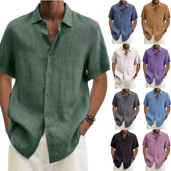 Solid Linen-Blend Short Sleeve Button-Down Shirt