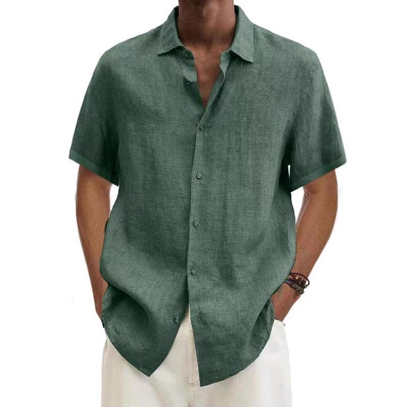 Solid Linen-Blend Short Sleeve Button-Down Shirt