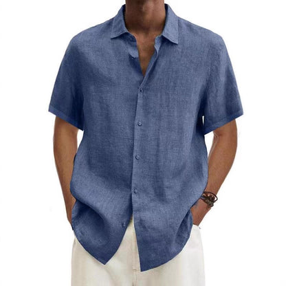Solid Linen-Blend Short Sleeve Button-Down Shirt