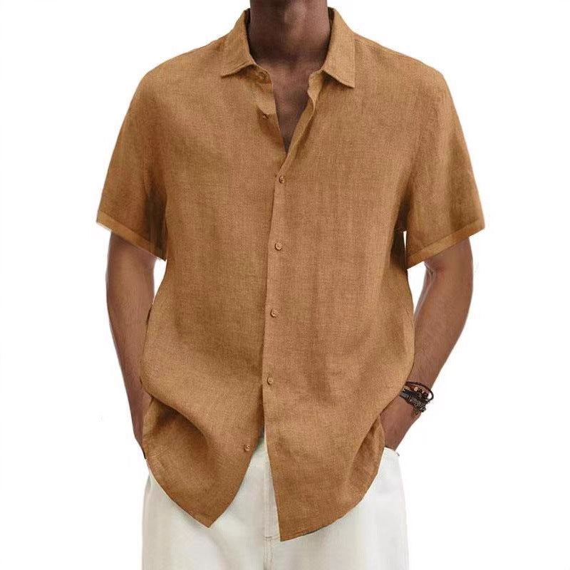 Solid Linen-Blend Short Sleeve Button-Down Shirt