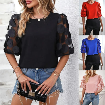 Solid Round Neck Blouse with Mesh Circular Applique Sleeves