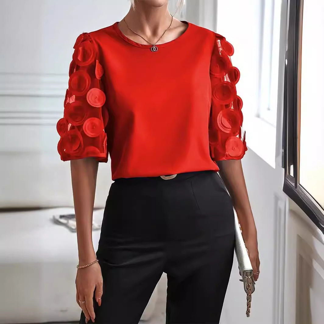 Solid Round Neck Blouse with Mesh Circular Applique Sleeves