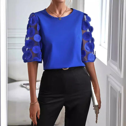 Solid Round Neck Blouse with Mesh Circular Applique Sleeves