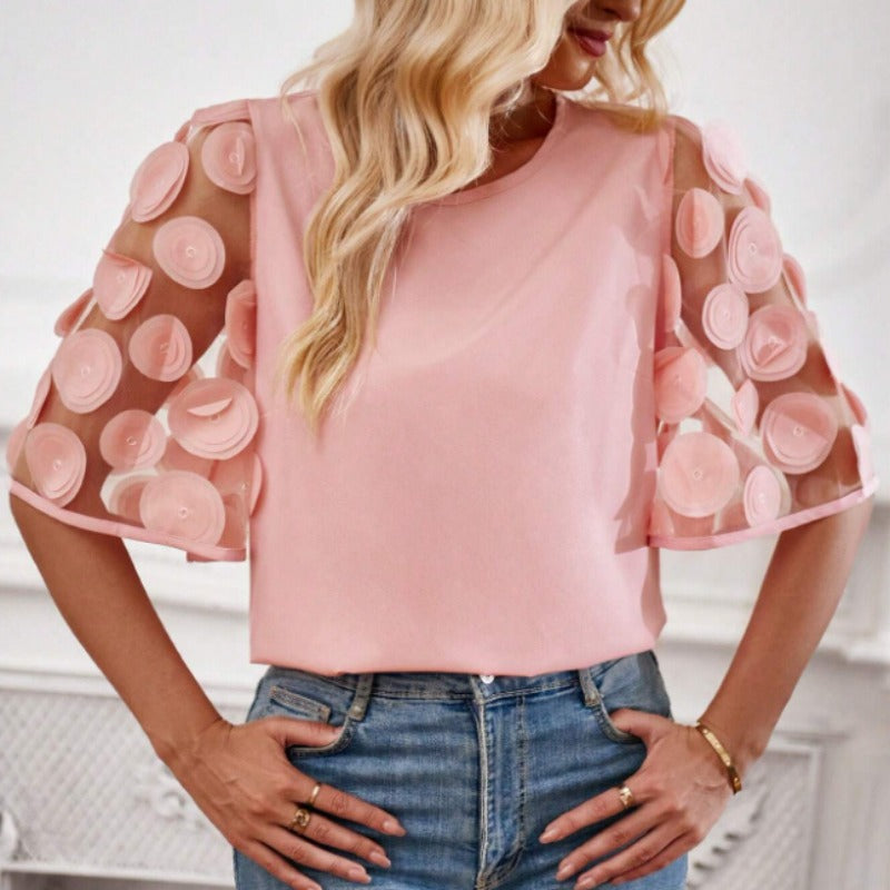 Solid Round Neck Blouse with Mesh Circular Applique Sleeves
