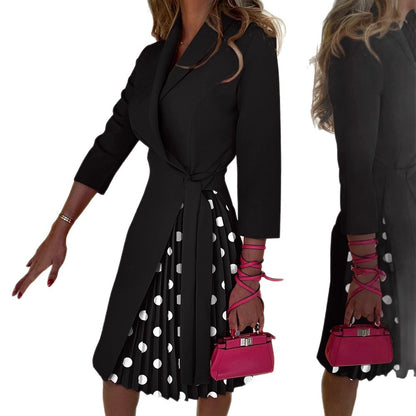 Mixed Pattern Wrap Blazer Dress with Pleated Skirt
