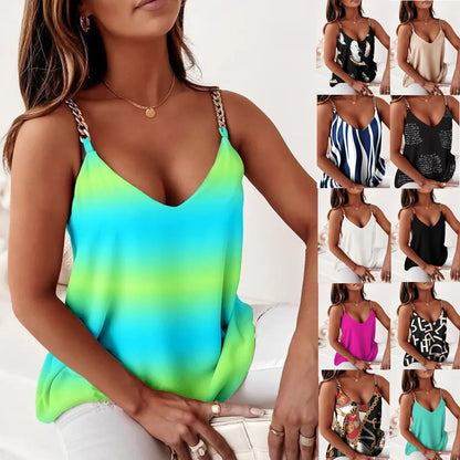 Flowy Printed V-Neck Cami Top with Chain Suspender Straps