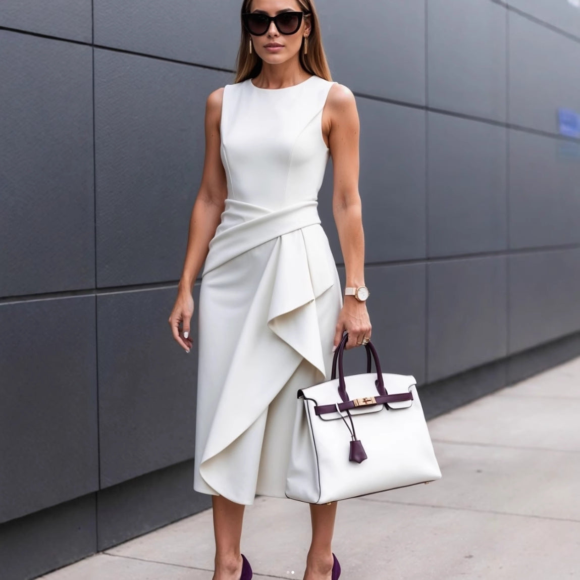 Sheath Midi Dress with Asymmetric Waist Drape