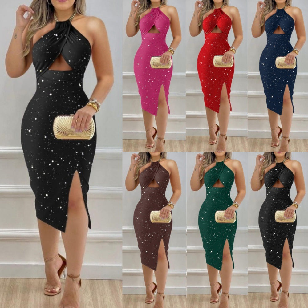 Bodycon Midi Dress with Sparkle Print and Halter Cut-Out