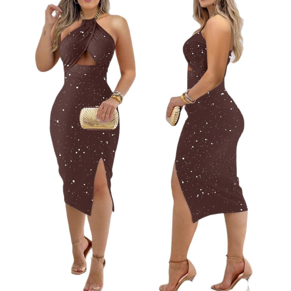 Bodycon Midi Dress with Sparkle Print and Halter Cut-Out