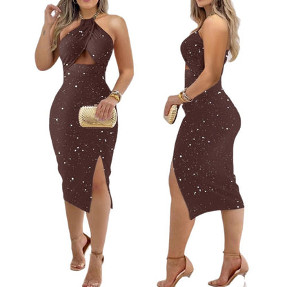 Bodycon Midi Dress with Sparkle Print and Halter Cut-Out