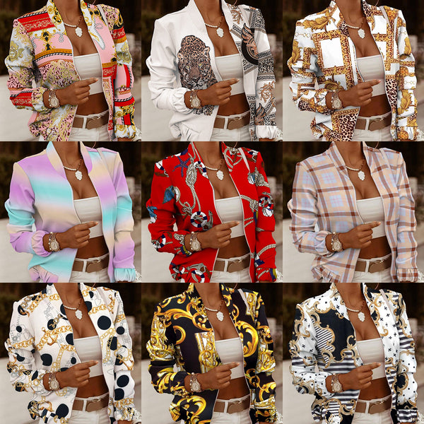 Collarless Printed Bomber Jacket with Zipper Front