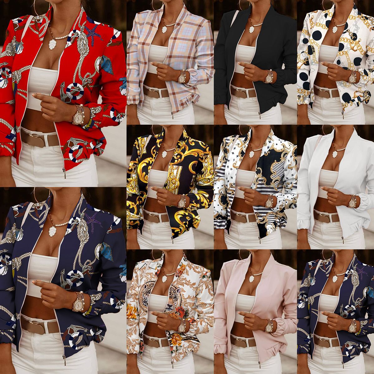 Collarless Printed Bomber Jacket with Zipper Front