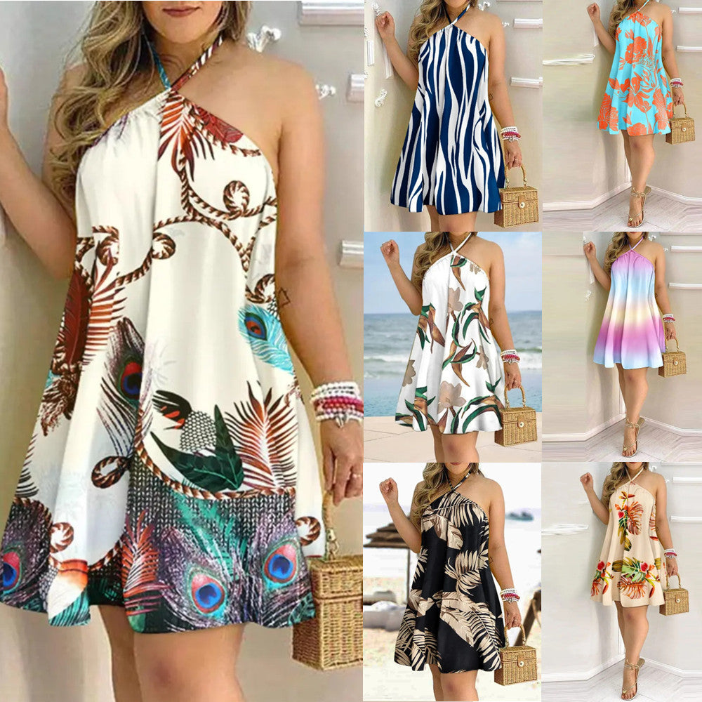 Geometric Print A-Line Mini Dress with Halter Neck
