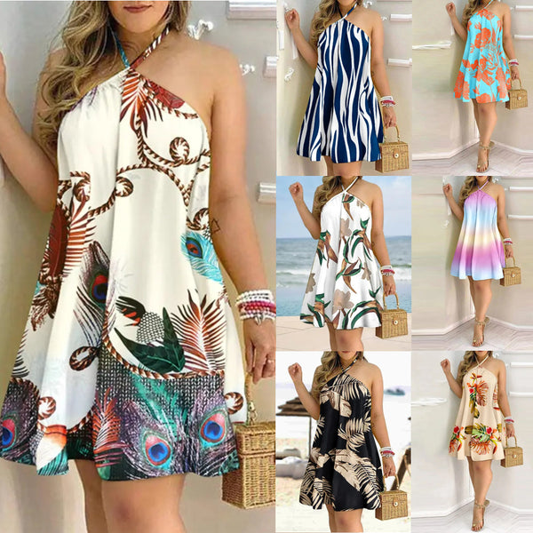 Geometric Print A-Line Mini Dress with Halter Neck