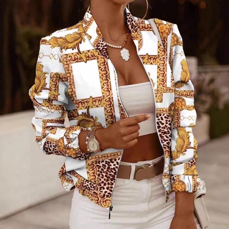 Collarless Printed Bomber Jacket with Zipper Front