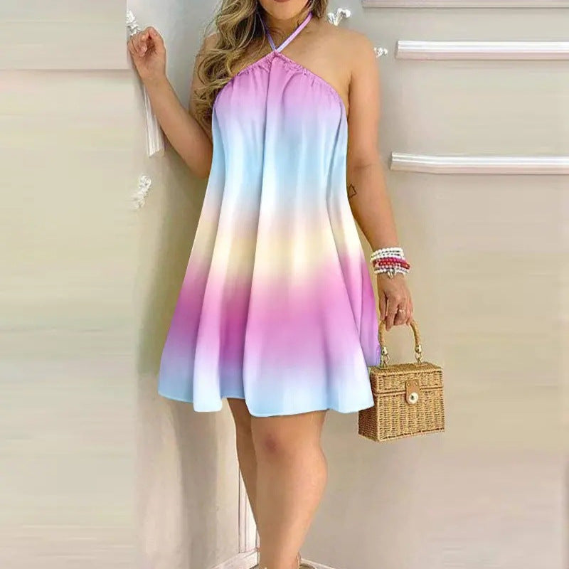 Geometric Print A-Line Mini Dress with Halter Neck