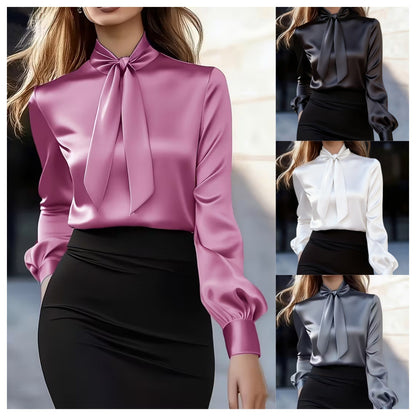 Solid Satin Blouse with Pussy-Bow Collar and Puffed Cuffs