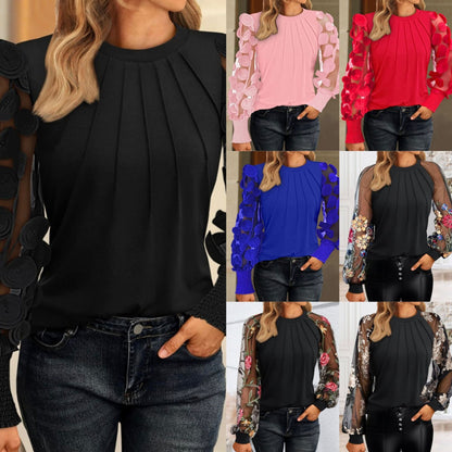 Crewneck Blouse with Sheer 3D Applique Sleeves and Pintucks