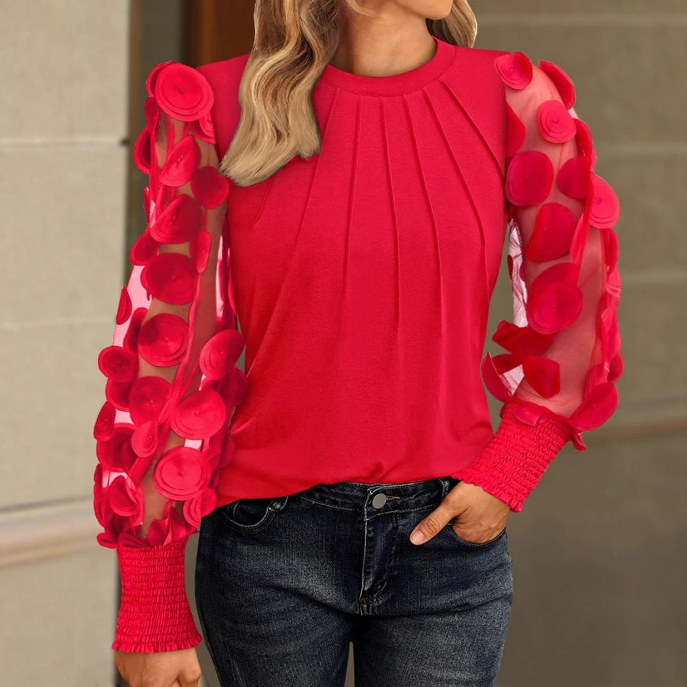Crewneck Blouse with Sheer 3D Applique Sleeves and Pintucks