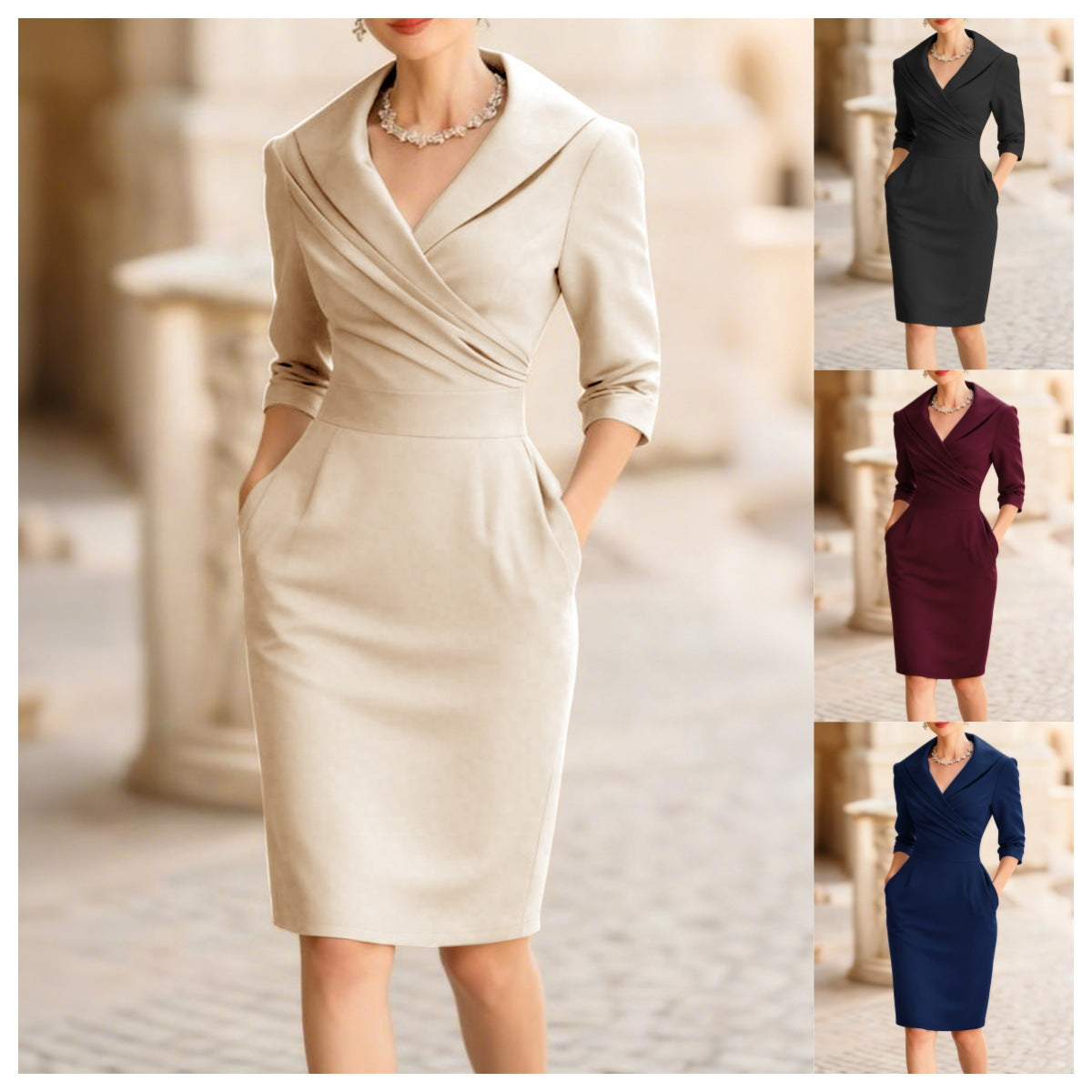 Sheath Midi Dress with Shawl Collar and Ruched Waist