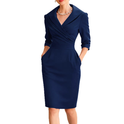 Sheath Midi Dress with Shawl Collar and Ruched Waist