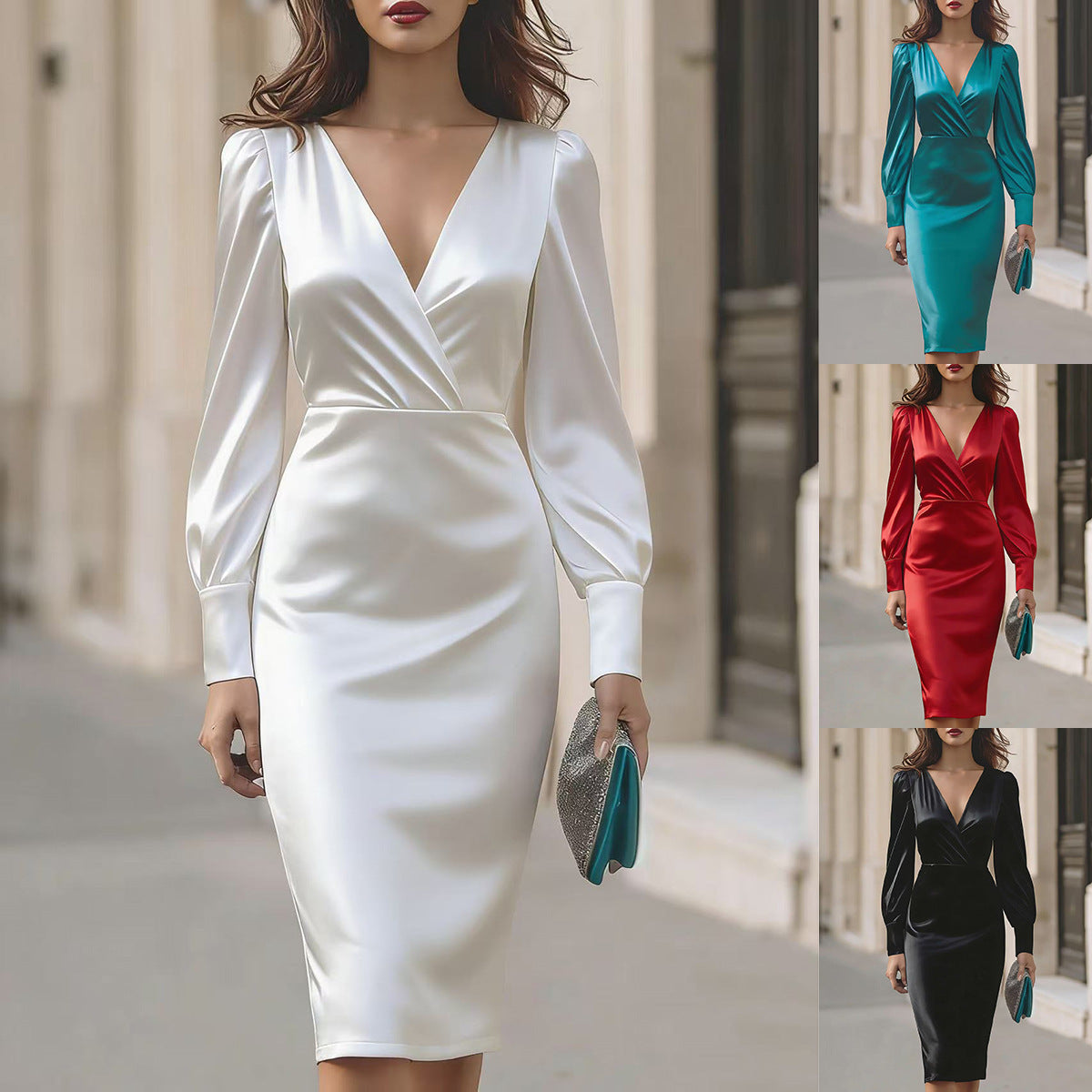 Satin Sheath Dress with Wrap V-Neck and Long Sleeves