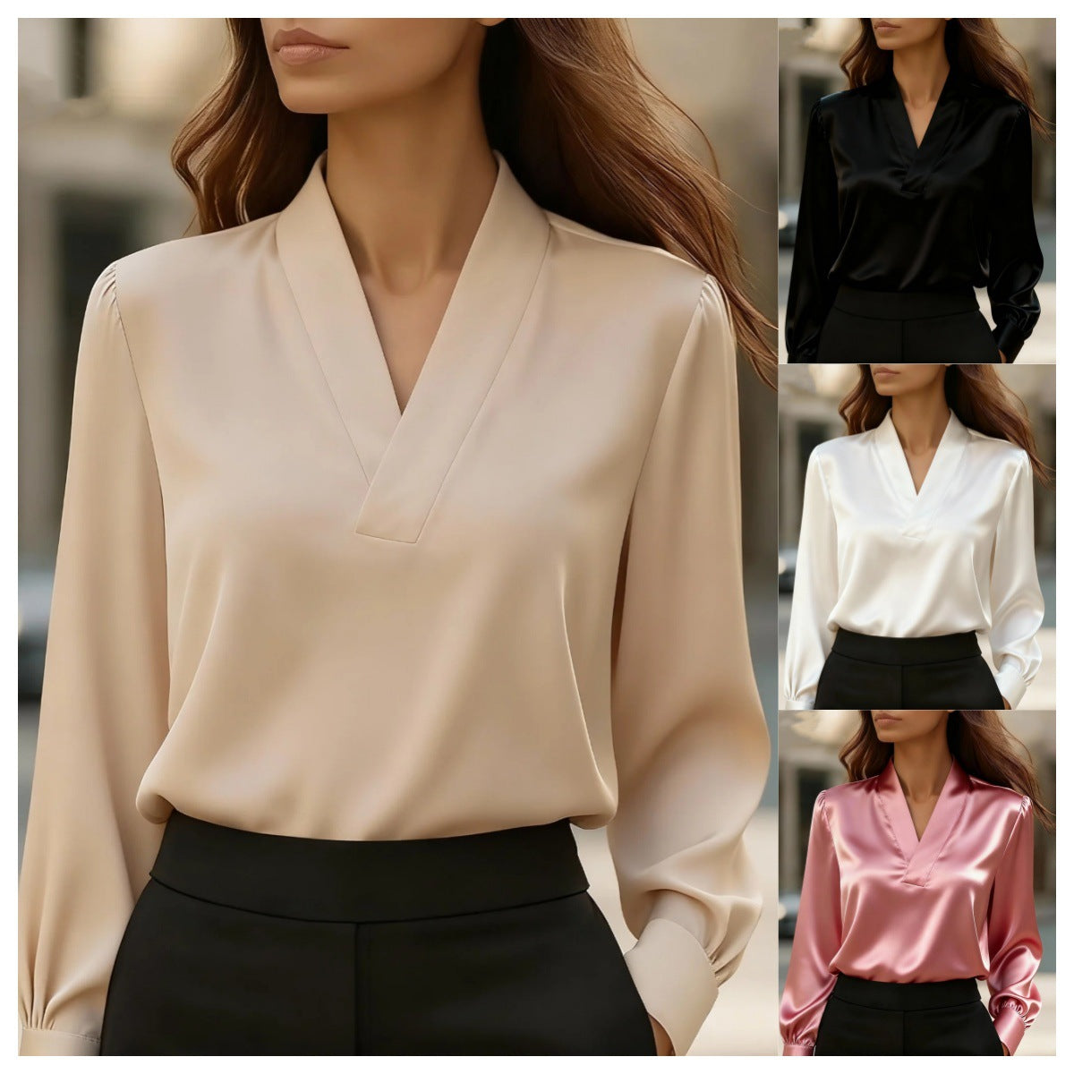 Solid Satin-Finish Long Sleeve Blouse with Notched V-Neck
