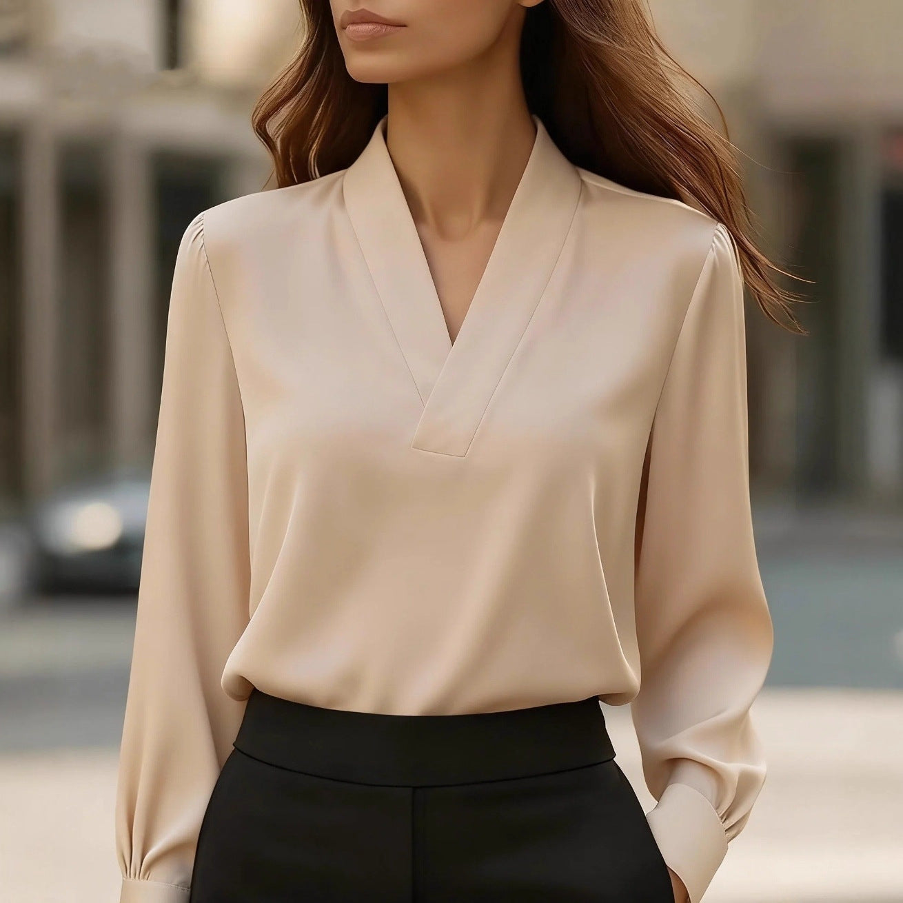 Solid Satin-Finish Long Sleeve Blouse with Notched V-Neck
