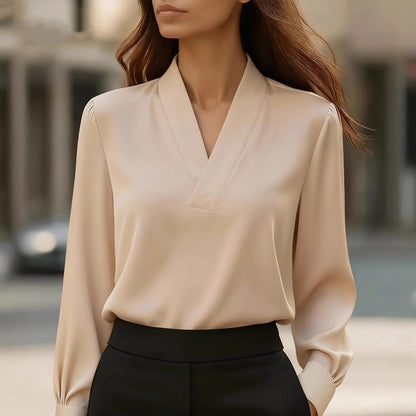 Solid Satin-Finish Long Sleeve Blouse with Notched V-Neck