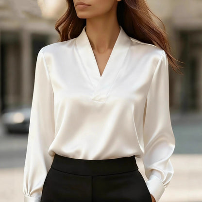 Solid Satin-Finish Long Sleeve Blouse with Notched V-Neck