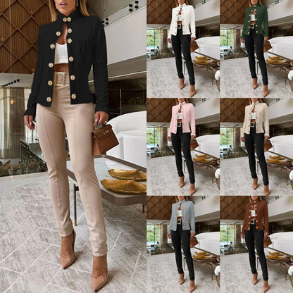 Textured Knit Jacket with Stand Collar and Gold Buttons