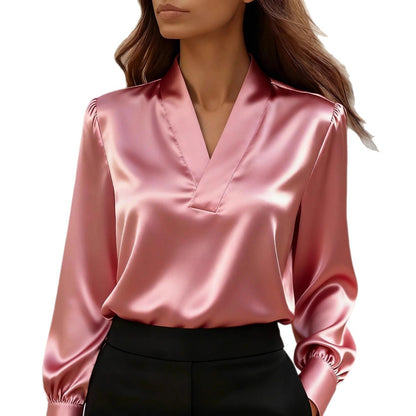 Solid Satin-Finish Long Sleeve Blouse with Notched V-Neck