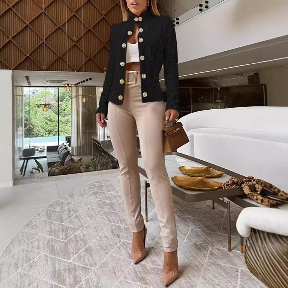 Textured Knit Jacket with Stand Collar and Gold Buttons