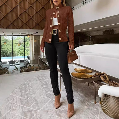 Textured Knit Jacket with Stand Collar and Gold Buttons