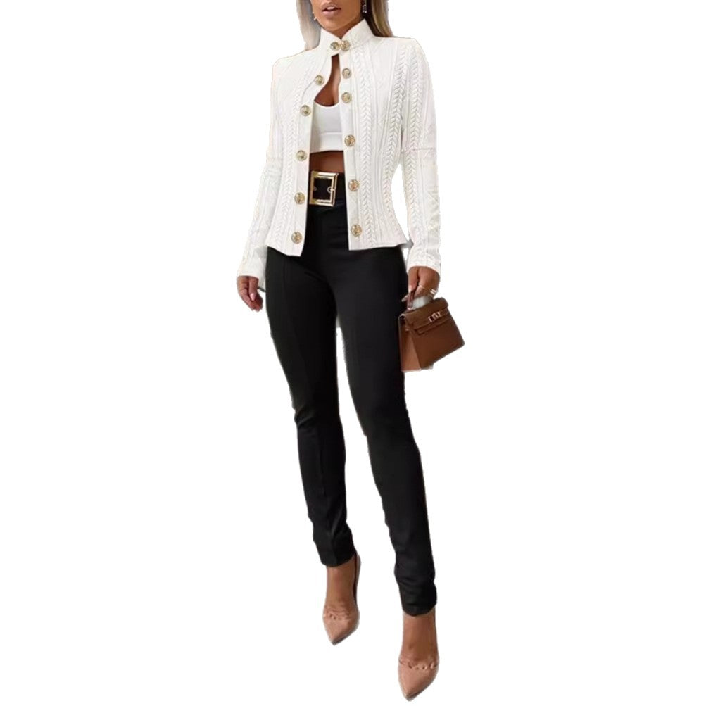 Textured Knit Jacket with Stand Collar and Gold Buttons