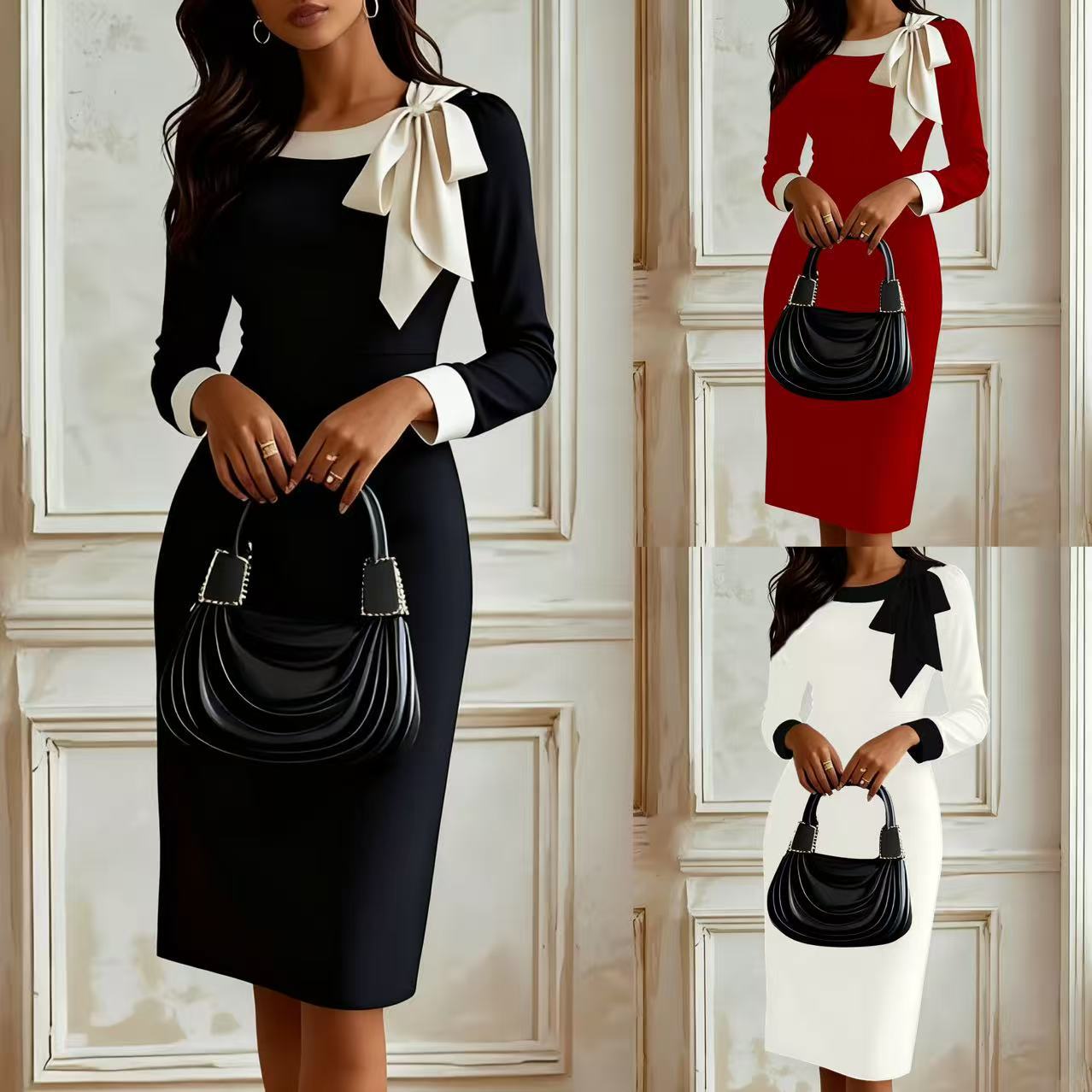 Sheath Midi Dress with Contrast Collar and Bow