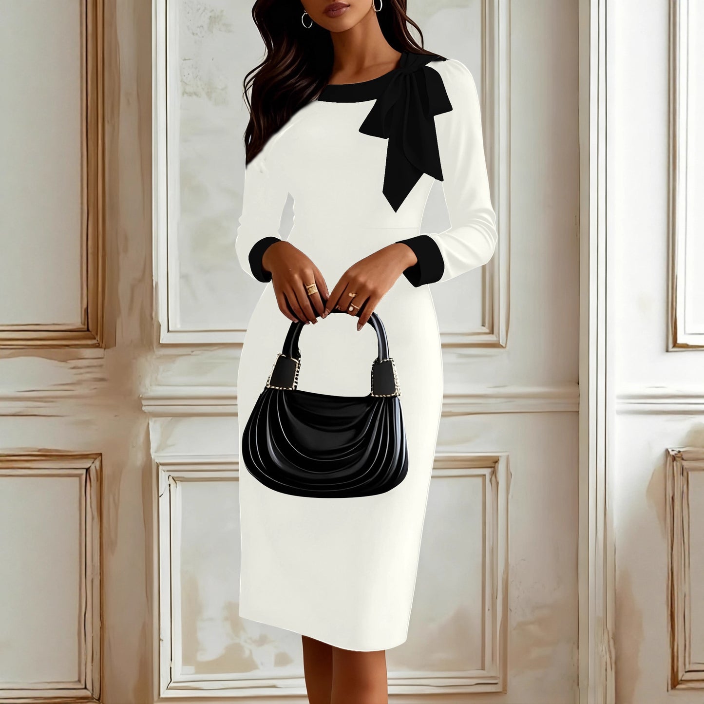 Sheath Midi Dress with Contrast Collar and Bow