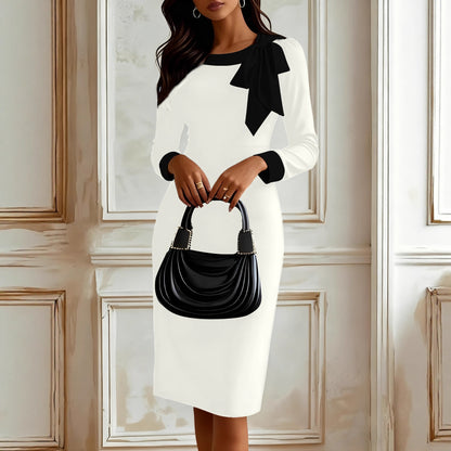 Sheath Midi Dress with Contrast Collar and Bow