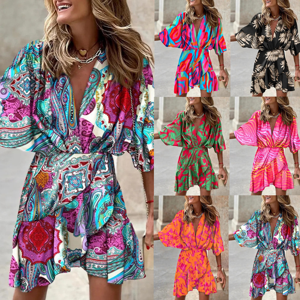 Printed Wrap Mini Dress with V-Neck and Bat Sleeves