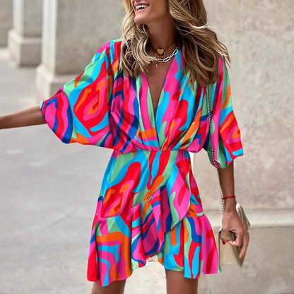Printed Wrap Mini Dress with V-Neck and Bat Sleeves