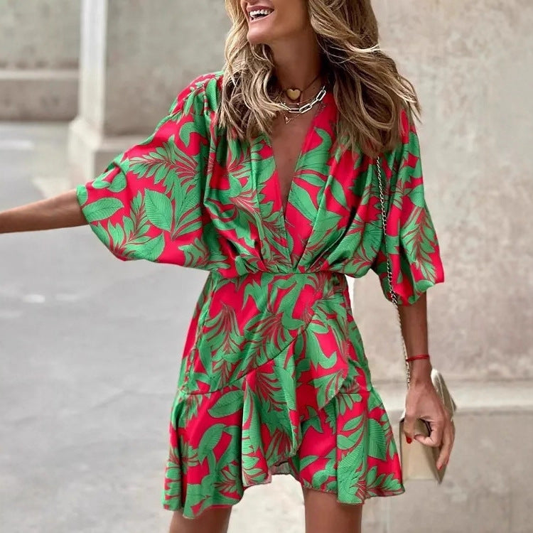 Printed Wrap Mini Dress with V-Neck and Bat Sleeves