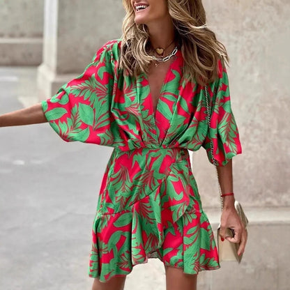 Printed Wrap Mini Dress with V-Neck and Bat Sleeves