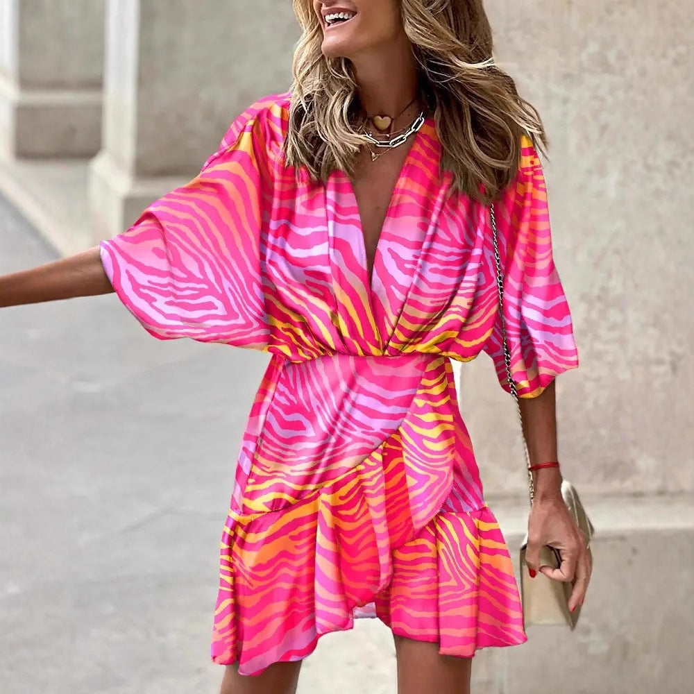 Printed Wrap Mini Dress with V-Neck and Bat Sleeves