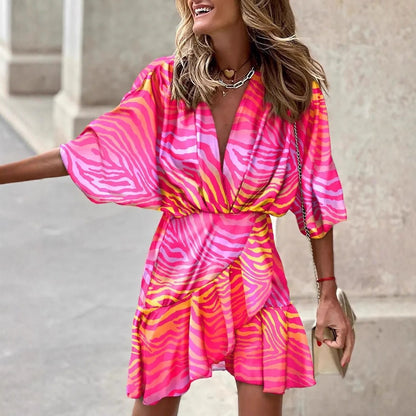 Printed Wrap Mini Dress with V-Neck and Bat Sleeves