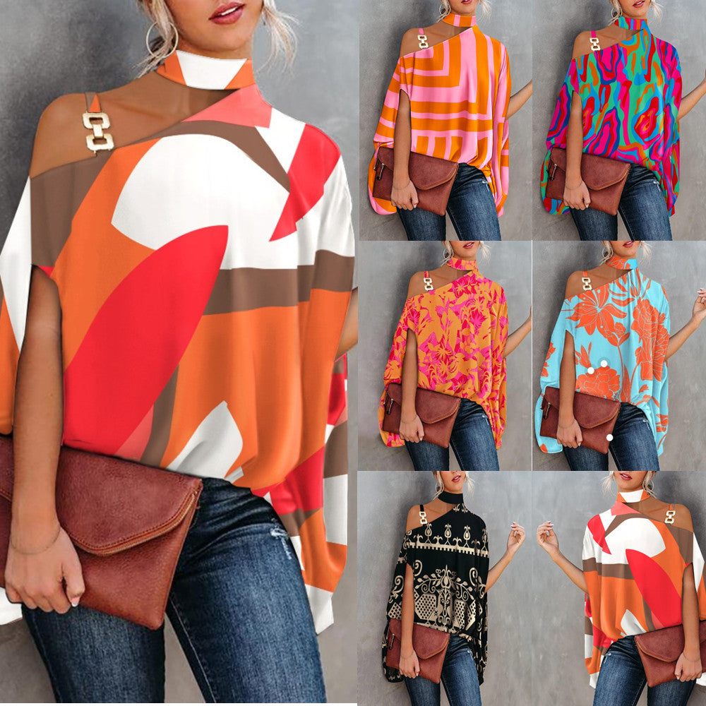 Printed Loose Top with Choker Neck and One-Shoulder Cutout