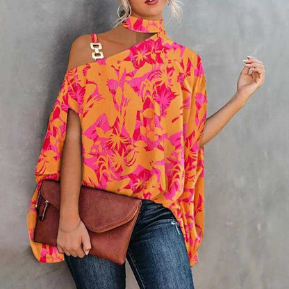 Printed Loose Top with Choker Neck and One-Shoulder Cutout